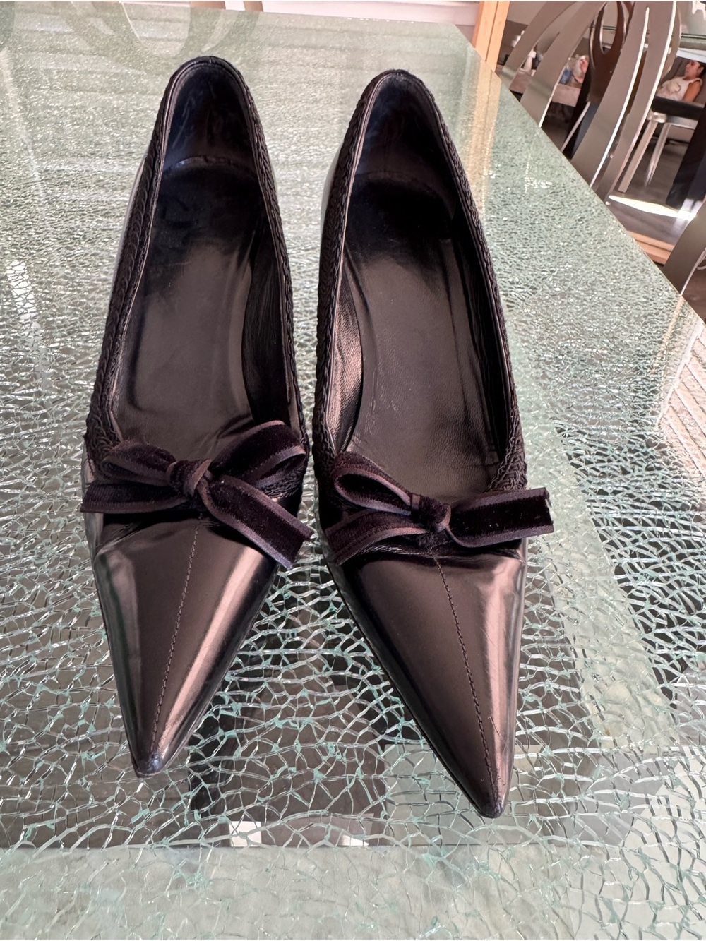 Prada Black Pointed-Toe Velvet Bow Pumps 39.5